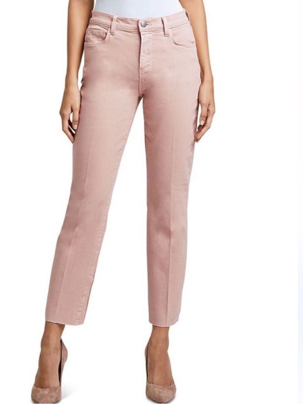 L'AGENCE Sada High Rise Cropped Slim Jeans in a soft blush/dusty $348
